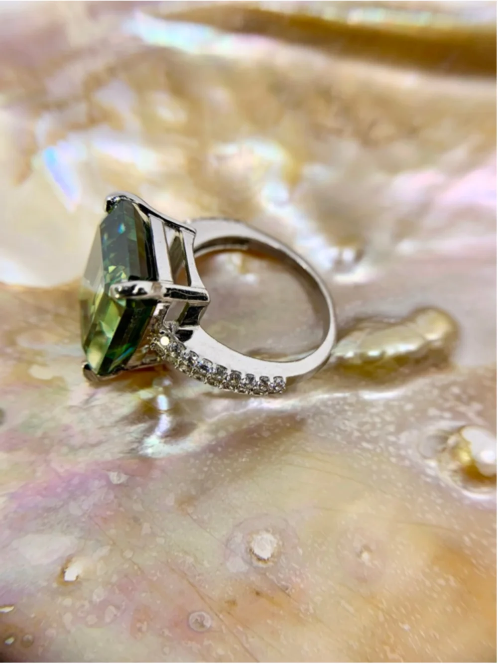 Emerald Cut Moissanite Ring Vivid Blue Green 925 10 Ct - Picture 9 of 10